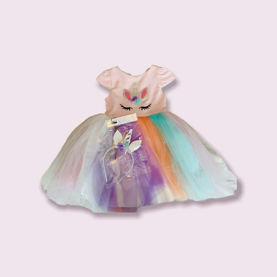 Rochiță party Curcubeu Unicorn cu bentiță cadou