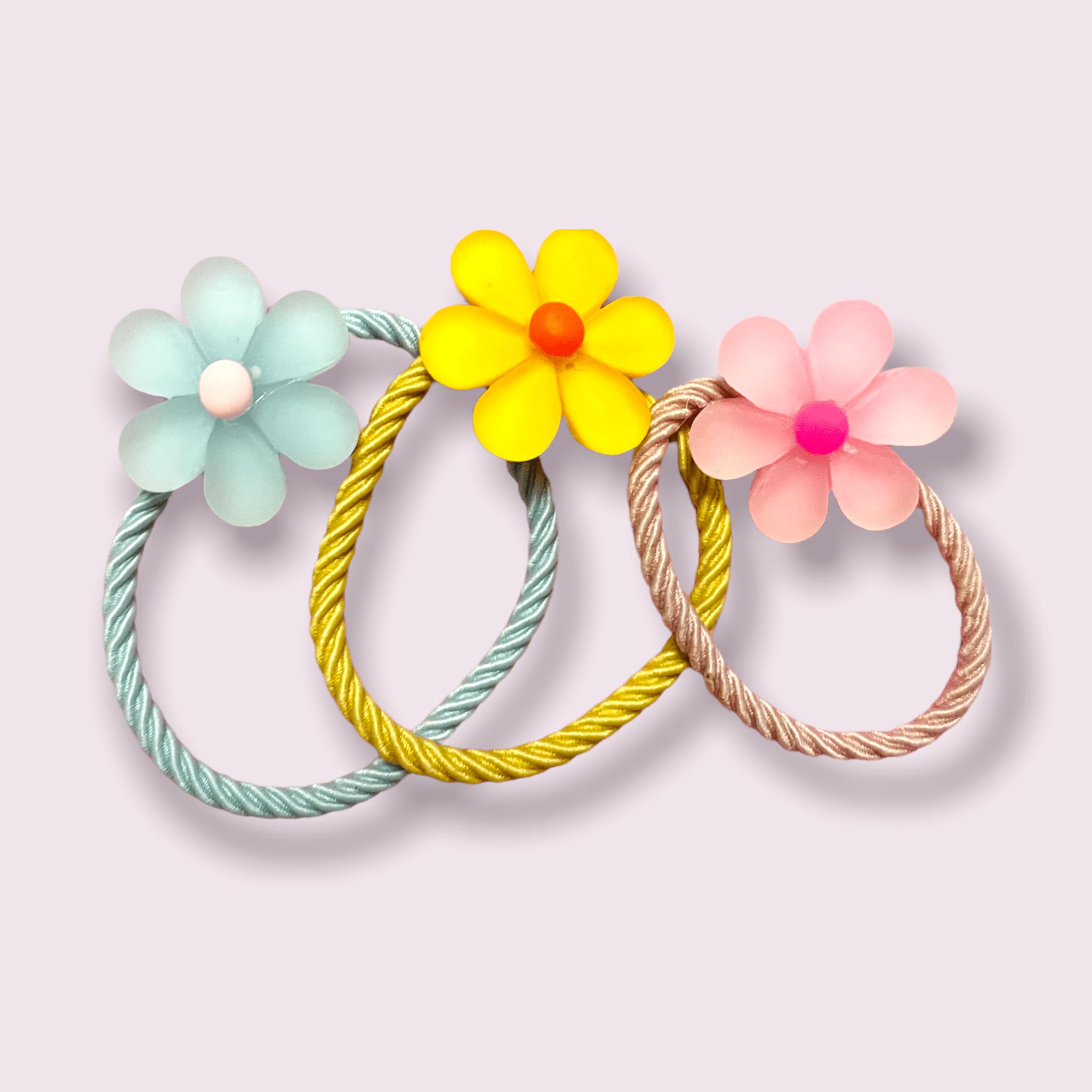 Set elastice păr 3 floricele albastru, roz, galben